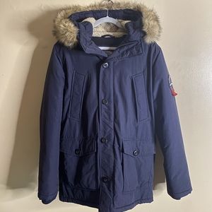 Superdry Faux Fur Navy Everest Hooded Parka Warm Winter Jacket Men's LAR…